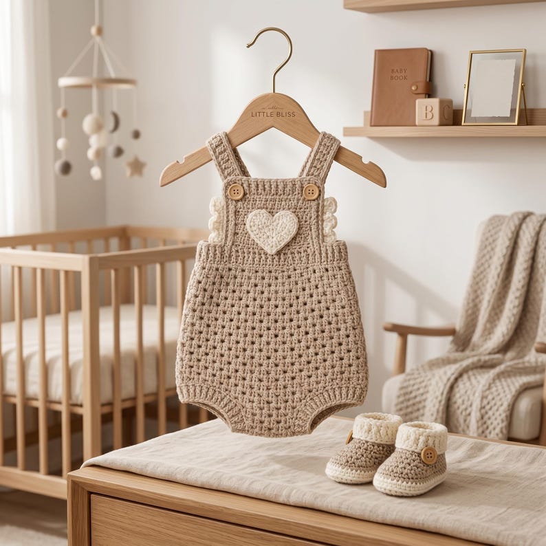 May include: A beige crochet baby romper featuring a white heart appliqu&eacute; on the chest, two wooden buttons on the straps, and a textured open-stitch pattern. The romper is paired with matching beige and white crochet booties with wooden buttons.