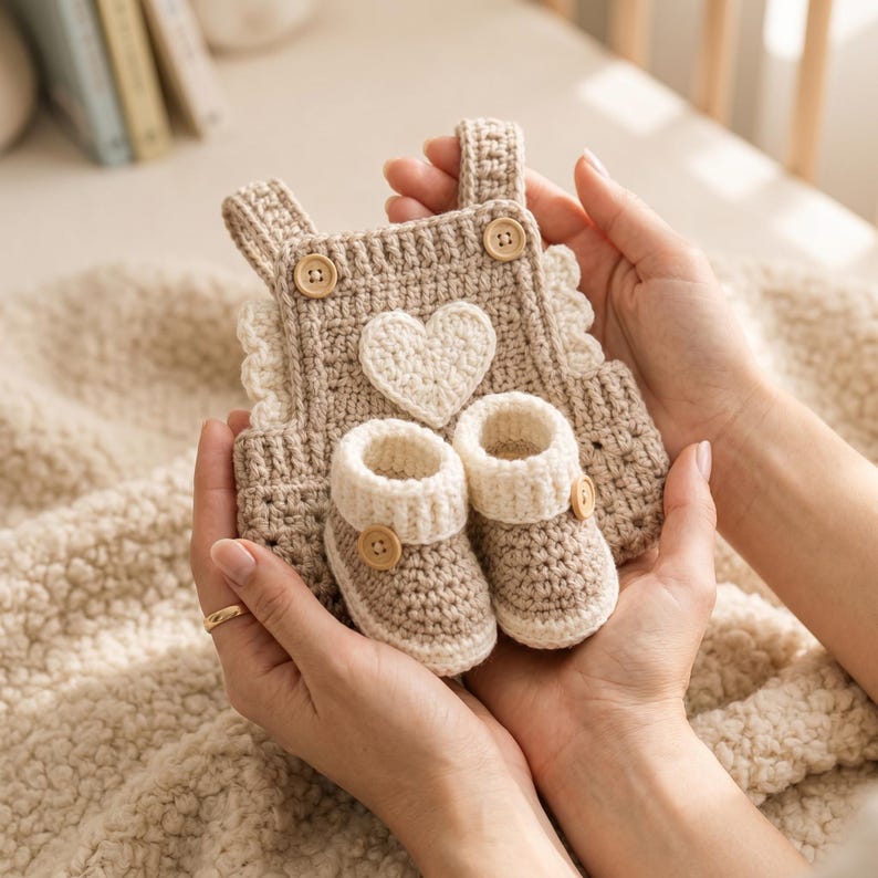 May include: A beige crochet romper featuring a central white heart appliqu&eacute;, two wooden buttons on the straps, and ruffled side details, paired with a matching set of beige and white crochet booties, each accented with a single wooden button.