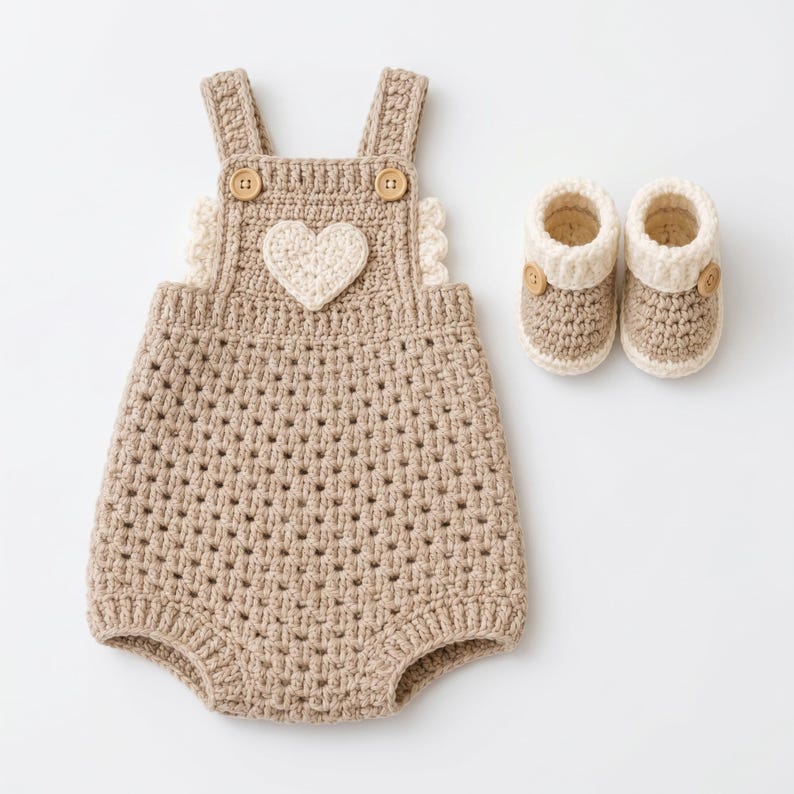 May include: A beige crochet romper featuring a cream-coloured heart appliqu&eacute; on the chest, two wooden buttons on the straps, and a pair of matching beige and cream crochet booties with wooden button accents on the sides of each shoe.