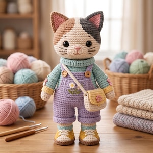 May include: A crocheted calico cat doll with black, brown, and white fur, wearing a light blue long-sleeve shirt, lavender overalls with a small embroidered flower, yellow sneakers, and a small cream-colored crossbody bag with a pink flower.