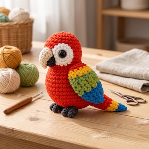 May include: A crocheted parrot toy featuring a bright red body, a white face patch, and a black beak. The wings and tail display a colourful pattern of yellow, green, and blue yarn. The bird has dark grey feet and large, round, black plastic eyes.