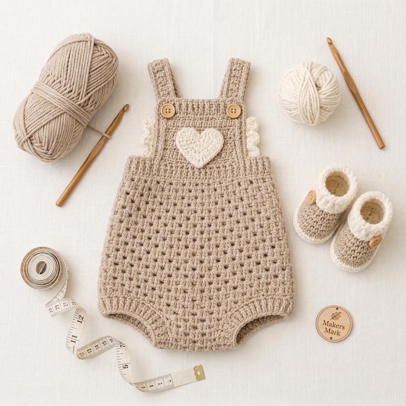 May include: A beige crochet romper with a white heart appliqu&eacute;, two wooden buttons, and ruffled sides. Accompanied by a ball of beige yarn, a ball of white yarn, two wooden crochet hooks, a measuring tape, and a wooden tag labelled Makers Mark.