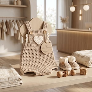 May include: A beige crochet romper featuring a white heart appliqu&eacute;, two wooden buttons on the straps, and a round tag labelled Willow & Bloom. The set includes matching beige and white crochet booties, a wooden rattle, and a patterned blanket.
