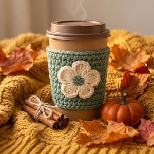 Flower Cup Sleeve Crochet Pattern, Cute Coffee Cozy PDF, Beginner Friendly DIY Gift, Reusable Mug Cozy, Quick Easy Crochet Project