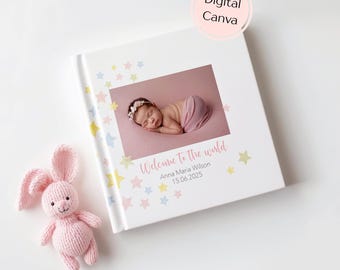 Spersonalizowany szablon albumu ze zdjęciami dziecka na pierwszy rok życia. Szablon dla serwisu Canva.