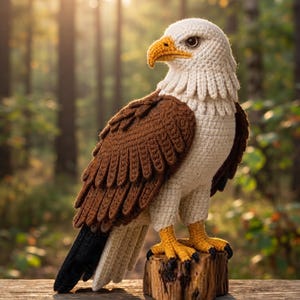 May include: A crocheted bald eagle figurine featuring a white head and chest, brown wings with detailed feather textures, a yellow beak, and yellow talons. The eagle is perched on a small, cylindrical wooden stump base with visible bark.