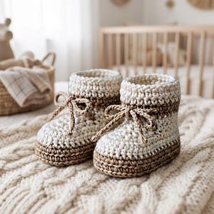 Pode incluir: Um par de sapatinhos de bebé feitos à mão em croché com um design bicolor, apresentando uma parte superior em creme e uma base castanho-escura. Cada sapatinho tem um cordão castanho a condizer no tornozelo e um padrão de malha texturizado.