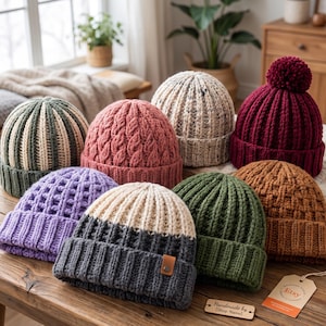 May include: A collection of nine knit beanies in various colors including burgundy, forest green, mustard yellow, lavender, pink, and grey. The hats feature diverse textures like cable knit, ribbed patterns, and pom-poms, with one grey and cream hat featuring a small brown leather tag.