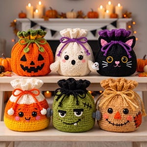 May include: Six crocheted drawstring bags featuring Halloween characters: an orange jack-o'-lantern, a white ghost, a black cat, a candy corn, a green monster with bolts, and a tan scarecrow, all arranged on a wooden surface.