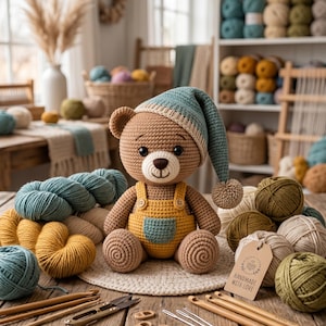 May include: A crocheted teddy bear wearing a blue and beige nightcap and yellow dungarees. The bear is on a wooden table with balls of yarn, knitting needles, and scissors. A tag reads "Handmade with Love". Yarn is measured in grams.