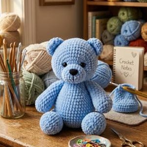 May include: A handmade, light blue crocheted teddy bear is the focal point, set on a wooden table. The scene includes yarn balls, crochet hooks, and a small dish of stitch markers. A notebook titled "Crochet Notes" is also present.