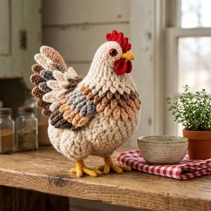 May include: A crocheted chicken figurine featuring a cream-colored body with layered feathers in shades of brown, gray, and tan. The chicken has a bright red comb and wattle, a yellow beak, and dark eyes, standing on yellow crocheted feet.