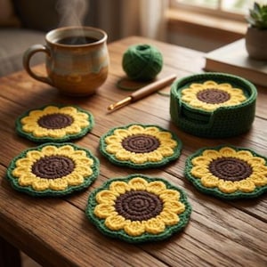 May include: A set of five round crochet coasters shaped like sunflowers with dark brown centers and yellow petals, accompanied by a matching dark green circular coaster holder, a ball of green yarn, and a wooden crochet hook.