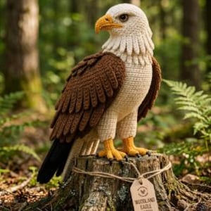 Könnte beinhalten: Gehäkelter Adler mit cremefarbenem Kopf und Hals, braunen Flügeln und gelben Füßen. Er steht auf einem Baumstumpf, mit einem Etikett "WOODLAND EAGLE DECOR". Der Hintergrund ist eine verschwommene Waldszene.