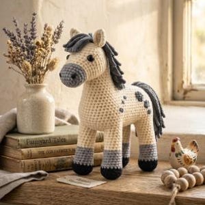 May include: A cream-colored crochet horse toy with a dark gray mane, tail, and lower legs. The horse features a dark gray muzzle, black button eyes, and small dark gray spots on its hindquarters, standing upright on four legs.