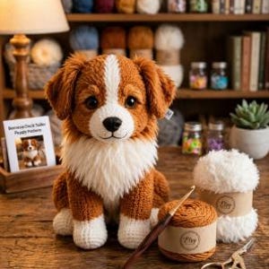 Op de afbeelding: Een handgemaakte gehaakte puppy in bruin, wit en crème zit op een houten oppervlak. Een bol bruin garen, een haaknaald en een schaar liggen in de buurt. Een klein bordje leest "Bernese Duck Toller Puppy Pattern."