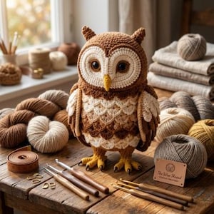 May include: A crocheted owl figurine featuring brown and cream yarn, large dark eyes, and a yellow beak. The owl is surrounded by various balls of yarn, several wooden crochet hooks, a measuring tape, and a small rectangular tag with text.