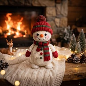 Op de afbeelding: Een gehaakte sneeuwpop-pop met een crèmekleurig lichaam, een rood-groen gestreepte sjaal, een bijpassende rood-groene muts met een pompon, rode wanten en drie kleine knoopjes aan de voorzijde. De sneeuwpop heeft een kleine oranje neus en zwarte ogen.