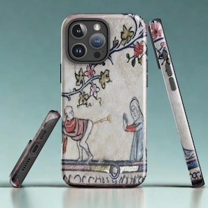 May include: Phone case with a medieval illustration featuring figures, floral accents, and a humorous scene. The case has a black border and a detailed design, showcasing a unique artistic style.