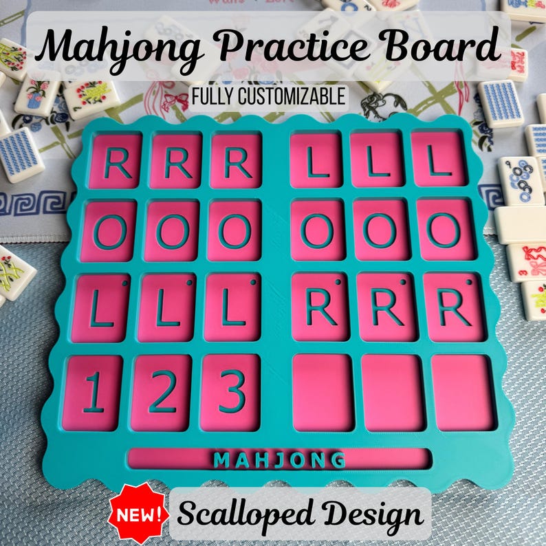 May include: A teal Mahjong practice board with a scalloped edge and a pink interior. The board features rows of rectangular slots containing the letters R, L, and O, and the numbers 1, 2, and 3. The word MAHJONG is embossed at the bottom.