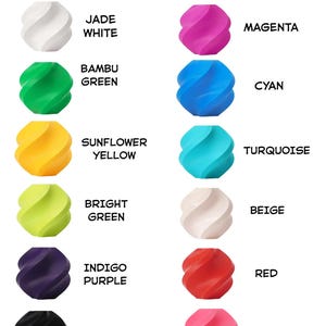 May include: A color chart titled COLOR OPTIONS BASIC COLORS displaying twelve twisted spherical objects in various shades: Jade White, Bambu Green, Sunflower Yellow, Bright Green, Indigo Purple, Black, Magenta, Cyan, Turquoise, Beige, Red, and Hot Pink.