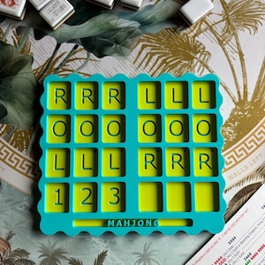 May include: A teal and lime green Mahjong scorekeeping tray with a scalloped edge. The tray features a grid of rectangular slots labeled with the letters R, L, O, and the numbers 1, 2, 3 in dark green. The word MAHJONG is embossed at the bottom center.