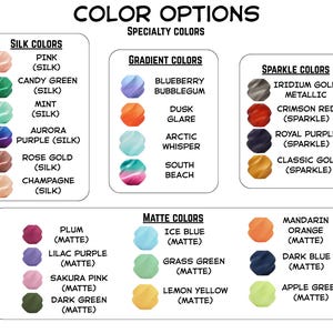 Puede incluir: Una carta de colores titulada COLOR OPTIONS SPECIALTY COLORS que muestra varias muestras categorizadas como SILK COLORS, GRADIENT COLORS, SPARKLE COLORS y MATTE COLORS. Cada categor&iacute;a enumera nombres de colores y acabados con iconos circulares.