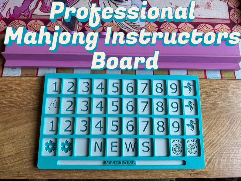 May include: A teal Mahjong board with white number tiles, a purple rack, and the text "Professional Mahjong Instructors Board." The board features numbers 1-9, bird, flower, and joker symbols. The word "NEWS" is also visible.