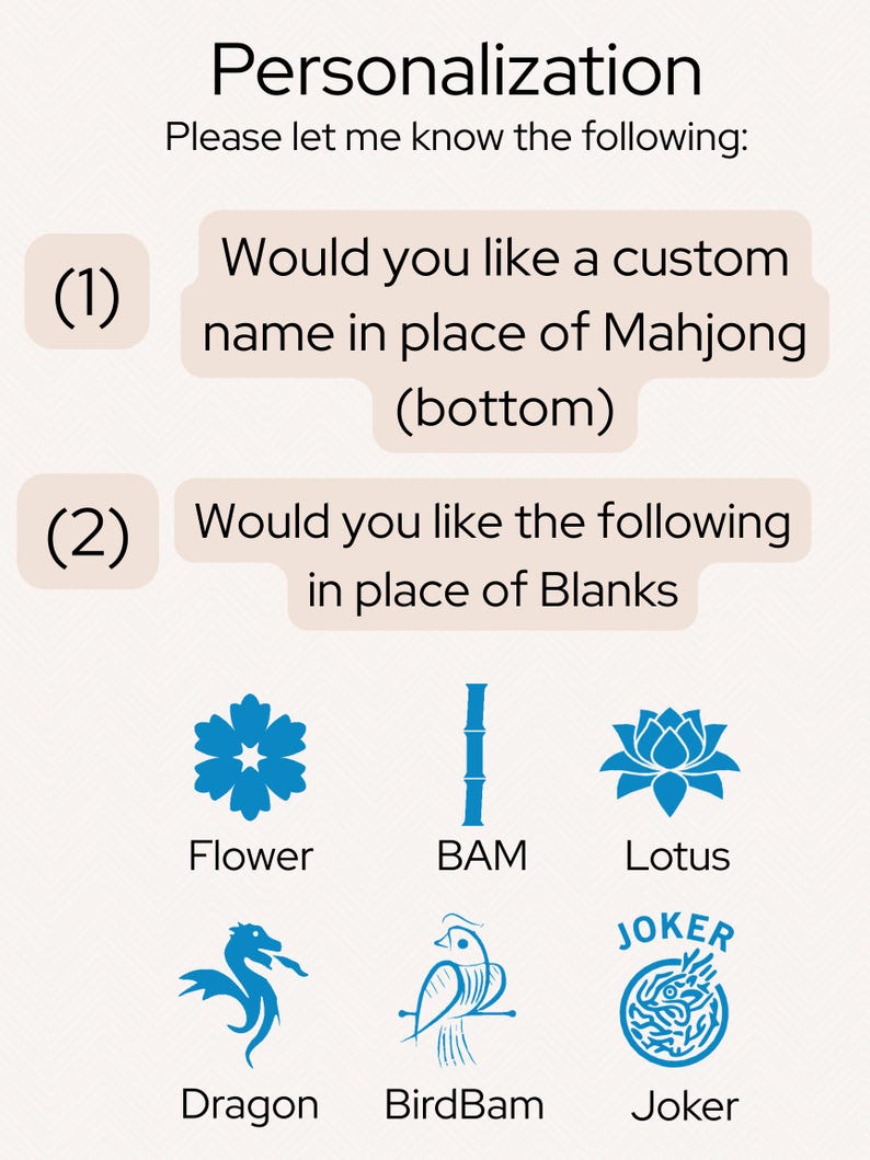 May include: A personalization guide featuring black text on a light background. It asks for a custom name to replace Mahjong and lists blue icons for customization: Flower, BAM, Lotus, Dragon, BirdBam, and Joker with their respective labels.