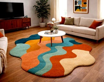 Hand Tufted Wool Rug – Abstract Wavy Design, Mid-Century Modern Carpet