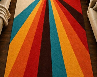 Hand Tufted Wool Sunburst Rug, Retro Geometric Rainbow Area Rug (Multiple Sizes)