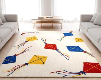 Handgetufteter Wollteppich | Farbenfrohe Drachen-Design, Modernes Kinderzimmer