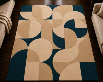 Alfombra geométrica de lana de estilo moderno de mediados de siglo – Alfombra para sala de estar en color verde azulado y beige