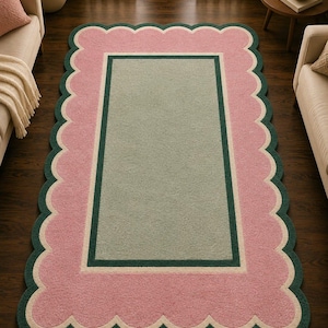Pastel Scalloped Border Handmade Tufted Wool Area Rug – Modern Soft Color Rectangular Carpet