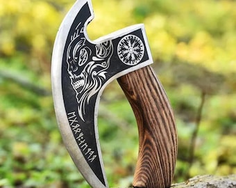 Viking Axe Pizza Cutter | Hand-Forged Steel Blade with Wooden Handle & Skull Engraving