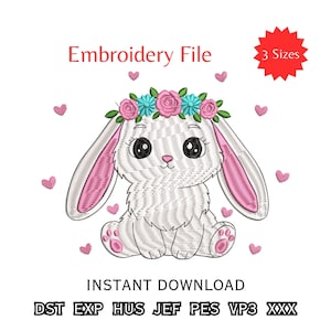 Peut inclure: Fichier de broderie représentant un mignon lapin blanc avec des oreilles et des pattes roses, orné d'une couronne de fleurs. L'image comprend le texte "Embroidery File", "3 Sizes" et "Instant Download". De petits cœurs roses sont dispersés.