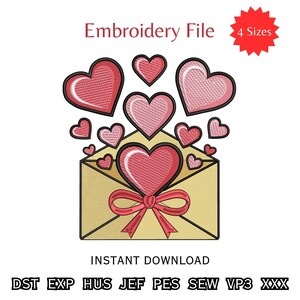 Peut inclure: Un motif de fichier de broderie avec une enveloppe jaune ornée d'un nœud rouge et de cœurs rouges et roses. Le texte "Embroidery File" et "4 Sizes" sont en haut. Les mots "Instant Download" sont en dessous.