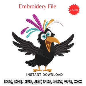 Peut inclure: Un fichier de broderie représentant un oiseau noir aux grands yeux, au bec orange et aux plumes violettes, bleu sarcelle et jaunes sur la tête. Le texte indique Embroidery File, 4 Sizes, INSTANT DOWNLOAD, DST, EXP, HUS, JEF, PES, SEW, VP3, XXX.