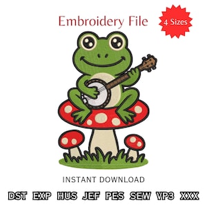 Peut inclure: Fichier de broderie représentant une grenouille verte jouant du banjo sur un champignon rouge à pois blancs. Le texte comprend "Fichier de broderie", "4 tailles" et "Téléchargement instantané".