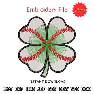 Peut inclure: Un motif de fichier de broderie représentant un trèfle à quatre feuilles avec des coutures de baseball. Le trèfle est vert avec des coutures rouges. Le design comprend le texte "Embroidery File", "5 Sizes" et "Instant Download".