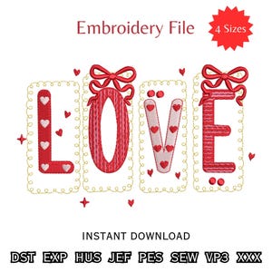 Peut inclure: Fichier de broderie rouge avec le mot "LOVE" dans une police décorative, orné de cœurs et de nœuds. Le design est encadré d'une bordure dorée et comprend le texte "Embroidery File" et "4 Sizes".