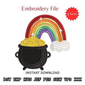 Rainbow Pot of Gold Machine Embroidery Design St Patricks Day Cauldron Pattern Digital Download Lucky Irish Shirt Fill Stitch