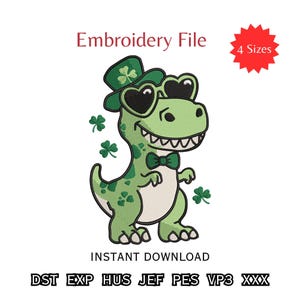 St Patricks Day T-Rex Machine Embroidery Design Dinosaur with Leprechaun Hat Pattern Digital Download Boys Shamrock Shirt