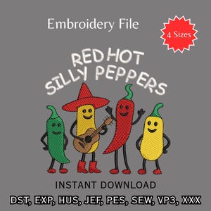 Red Hot Silly Peppers Machine Embroidery Design Funny Chili Band Parody Pattern Digital Download