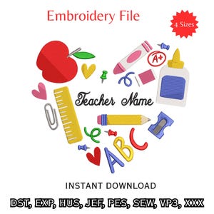 Teacher Heart Machine Embroidery Design Back to School Supplies Frame Digital Download Custom Educator Gift Name Template