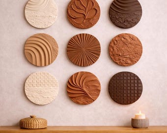 Textured Wall Art Set of 9 Round, Earth Tone Plaster Wall Panels, Neutral Boho Decor, 3D Sculptural Wall Art, Modern Minimalist Design