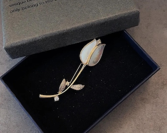 Mother of Pearl Tulip Brooch with Zircon Inlay | Elegant Gold-Plated Floral Pin for Women
