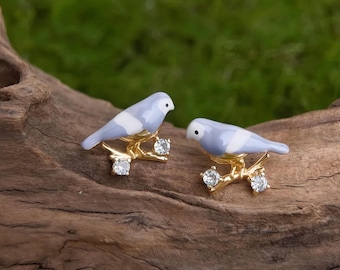 Pendientes de pájaro azul / Esmalte de circonita, aguja de plata 925