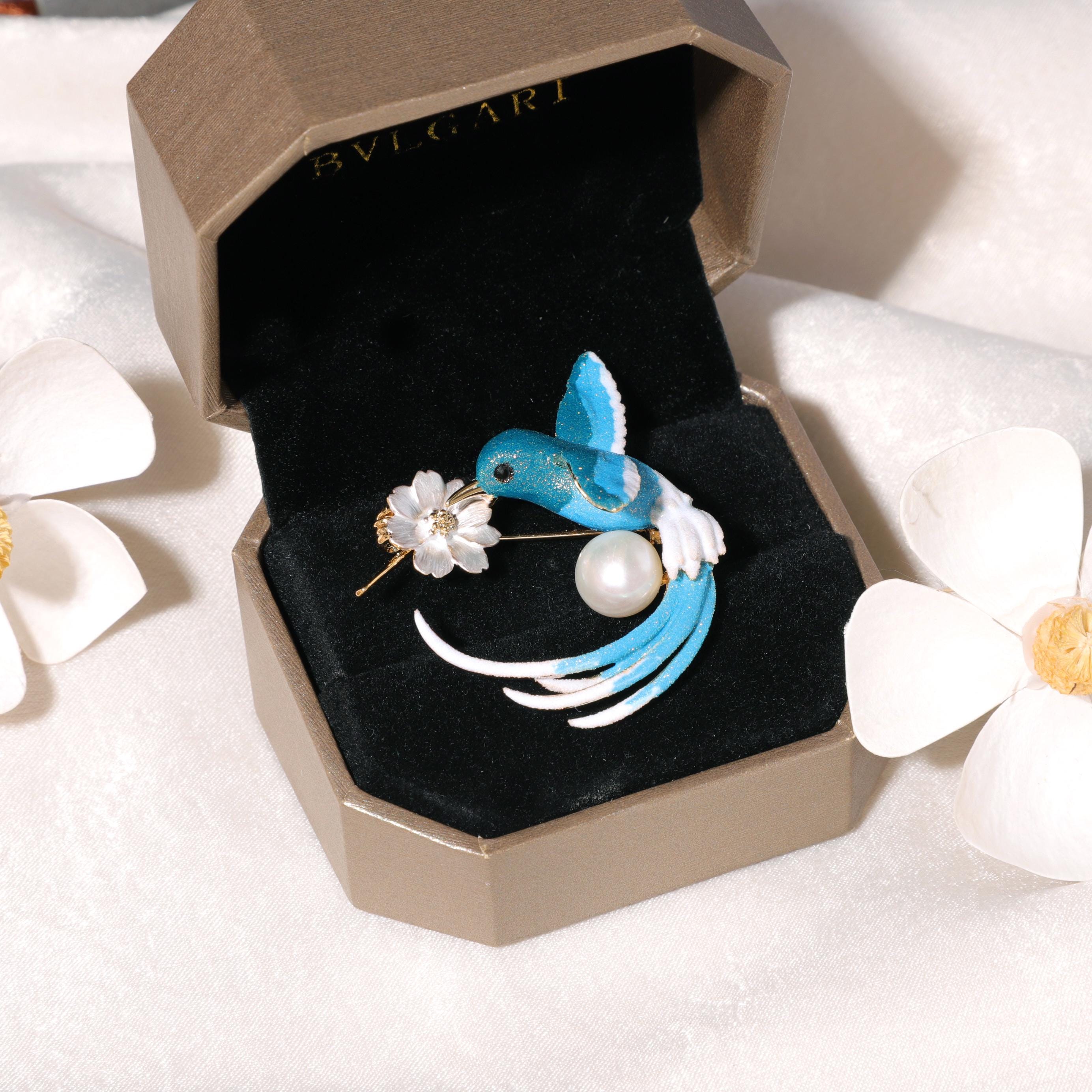 Blue Hummingbird Brooch with Freshwater Pearl and Floral Accent, Nature Inspired Jewelry