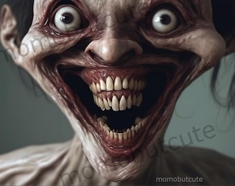 Creepy Horror Wall Art Uncanny Grinning Face Disturbing Surreal Portrait Dark Nightmare Art Gothic Decor Printable Digital Download